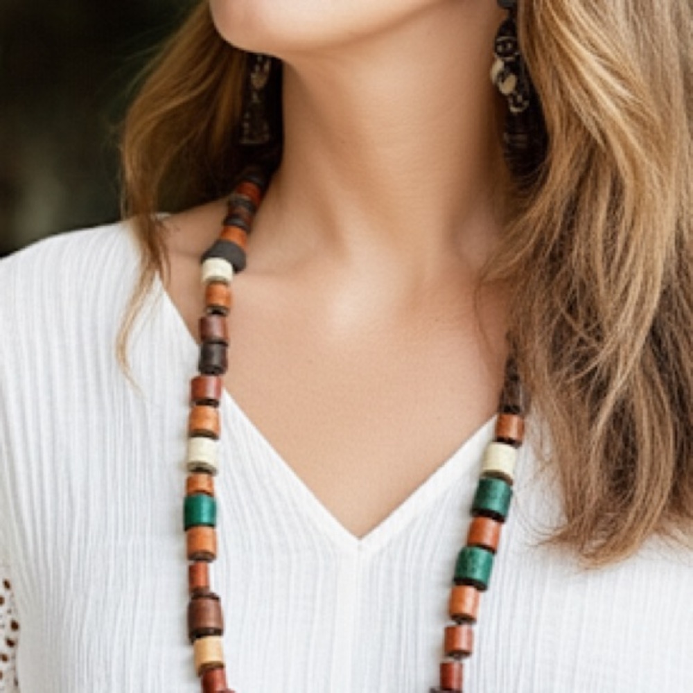 Bohemian Unique Vintage Earth Tone‎ Western Leather Bead Statement Cord Necklace